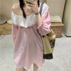 Puff-sleeve Lace Collar Striped A-line Dress