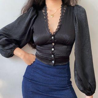 V-neck Satin Lace Panel Top