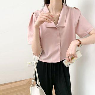 V-neck Plain Button-up Blouse