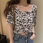 Short-sleeve Floral Print Blouse Black Floral - White - One Size