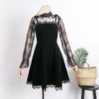 Set: Lace Trim Long-sleeve T-shirt + Strappy A-line Dress