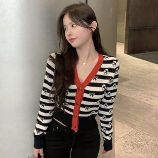 Striped Cardigan Red Trim - Black & White - One Size