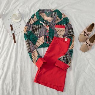 Color Block Geometric Long-sleeve Blouse / Asymmetric Mini Skirt