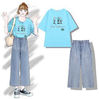 Short-sleeve Cartoon Print T-shirt / Washed Wide Leg Jeans