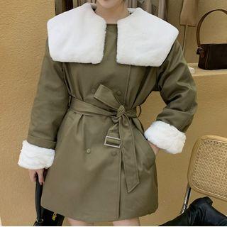 Fluffy Collar Double-breasted Jacket Coffee - One Size