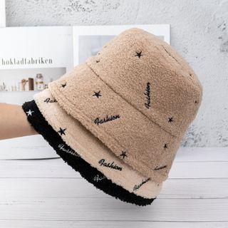 Lettering Embroidered Fleece Bucket Hat Black - One Size