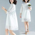 3/4-sleeve A-line Lace Dress White - One Size