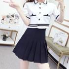 Contrast Trim Crop Shirt / Mini A-line Skirt / Set