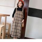 Square Neck Buttoned Plaid Pinafore Dress