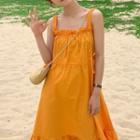 Drawstring Ruffle-hem Sleeveless Dress Tangerine - One Size