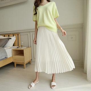 Band-waist Accordion-pleated Maxi Skirt