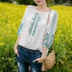 Balloon-sleeve Flower Embroidered Top
