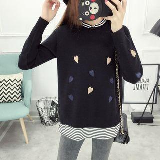 Embroidered Mock Two-piece Long-sleeve Knitted Top