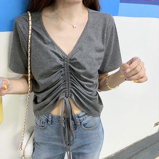 Short-sleeve V-neck Shirred Top