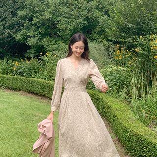 Wrap-front Long Floral Dress Beige - One Size
