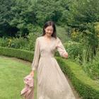 Wrap-front Long Floral Dress Beige - One Size