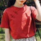 Frog-button Short-sleeve Round Neck Top Red - One Size