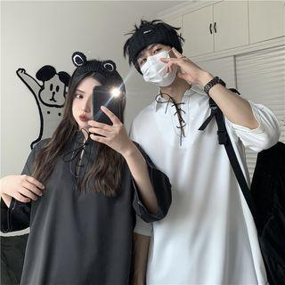 Couple Matching Elbow-sleeve Lace-up Top