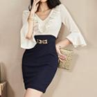 3/4-sleeve Ruffled Color Block Sheath Dress