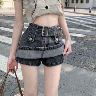 Belted Denim Mini Skort / Short-sleeve T-shirt