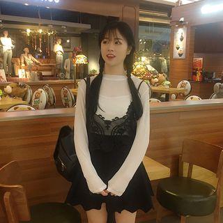 Set: Long-sleeve Plain T-shirt + Lace Camisole Top