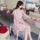 Set: Floral Embroidered Elbow-sleeve Mesh Cocktail Dress + Slipdress