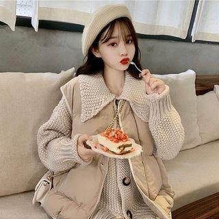 Plain Peter-pan Collar Single-breasted Loose-fit Knit Sweater / Plain Zip Vest