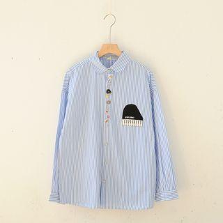 Long-sleeve Applique Striped Shirt Stripes - Blue - One Size