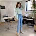 Mandarin-collar Gingham Blouse Mint Green - One Size