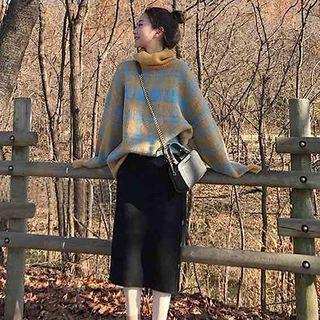 Mock Neck Plaid Sweater + Midi Skirt Sweater - Gray & Yellow & Blue - One Size / Skirt - Black - One Size