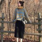 Mock Neck Plaid Sweater + Midi Skirt Sweater - Gray & Yellow & Blue - One Size / Skirt - Black - One Size