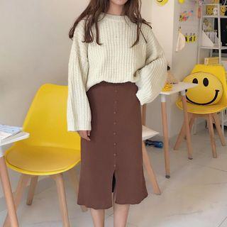 Crew-neck Sweater / Split Hem Midi Knit Skirt