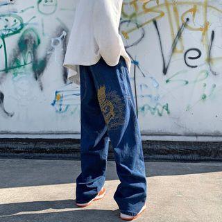 Dragon Embroidered Loose Fit Jeans