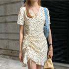 Short-sleeve Drawstring Dotted Mini A-line Dress