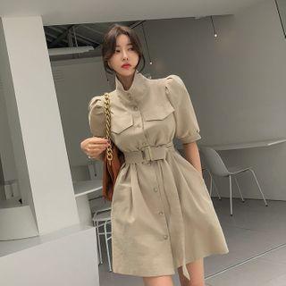 High-neck Belted Mini Shirtdress
