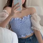 Two-tone Puff-sleeve Smocked Cropped Top Blue - One Size