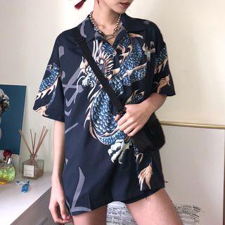 Dragon Print Elbow-sleeve Blouse