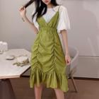 Set: Puff-sleeve Top + Spaghetti Strap Crinkled Dress