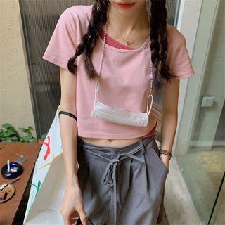Sleeve Sleeve Mock Two Piece Color-block Crop Top