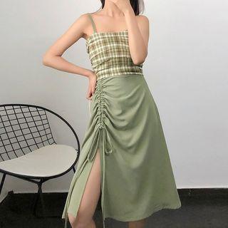 Spaghetti Strap Plaid Drawstring Split Dress