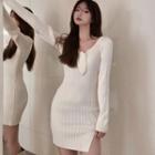 Long Sleeve Slit Knit Mini Bodycon Dress Off-white - One Size