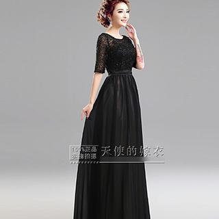 Elbow-sleeve Lace-panel Evening Gown