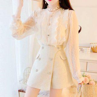 Set Of 2: High-neck Plain Lace Chiffon Blouse / High-waist Skort