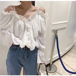 Plain Off-shoulder Long-sleeve Blouse White - One Size