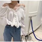 Plain Off-shoulder Long-sleeve Blouse White - One Size