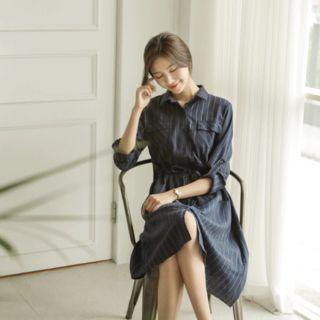 Drawstring-waist Pinstripe Linen Blend Shirtdress
