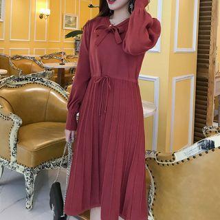 Long-sleeve Knit A-line Midi Dress Red - One Size