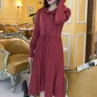 Long-sleeve Knit A-line Midi Dress Red - One Size