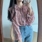 Floral Print Ruffled Bell-sleeve Blouse Pink - One Size