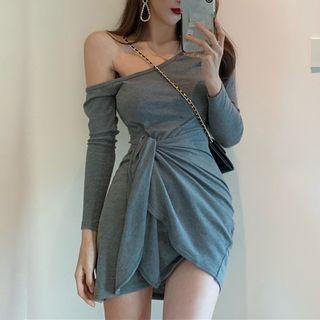 One-shoulder Tie-front Sheath Dress